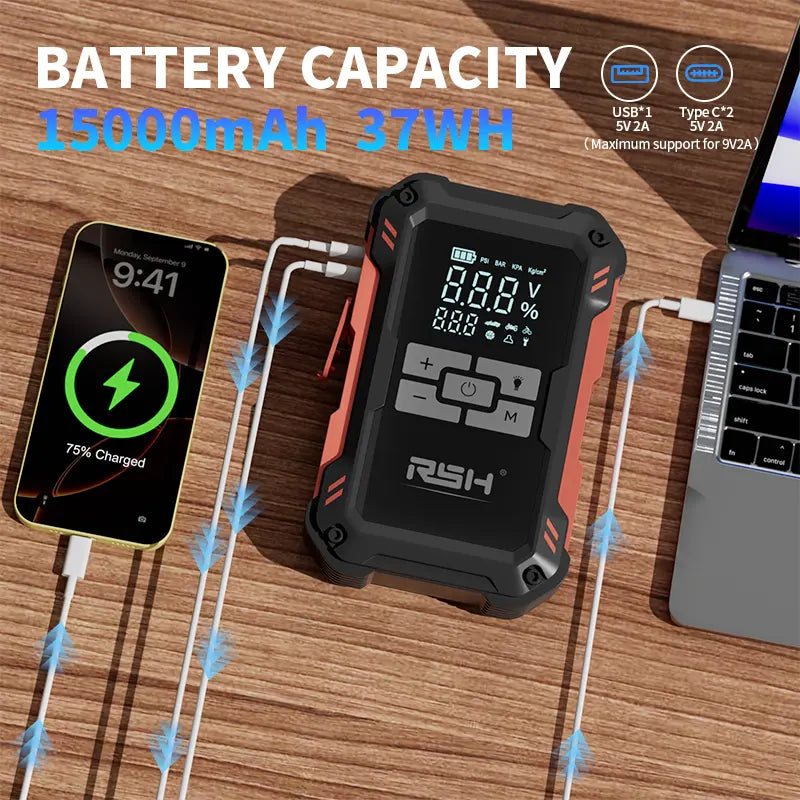 Arrancador de batería 15000 mAh 12V con compresor 150 PSI